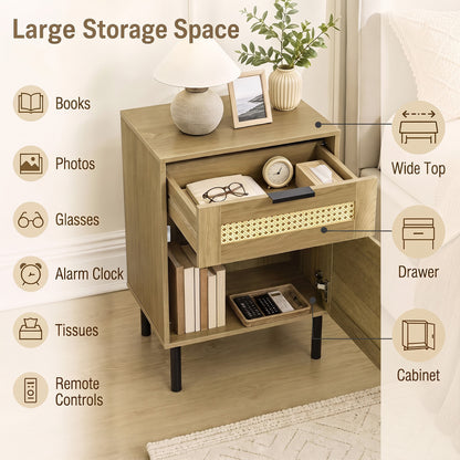 Rattan Nightstand Set of 2 with Drawer and Storage Cabinet