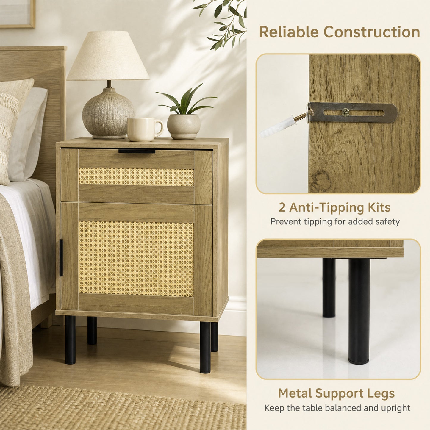 Rattan Nightstand Set of 2 with Drawer and Storage Cabinet