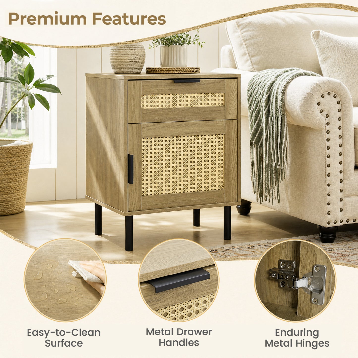 Rattan Nightstand Set of 2 with Drawer and Storage Cabinet