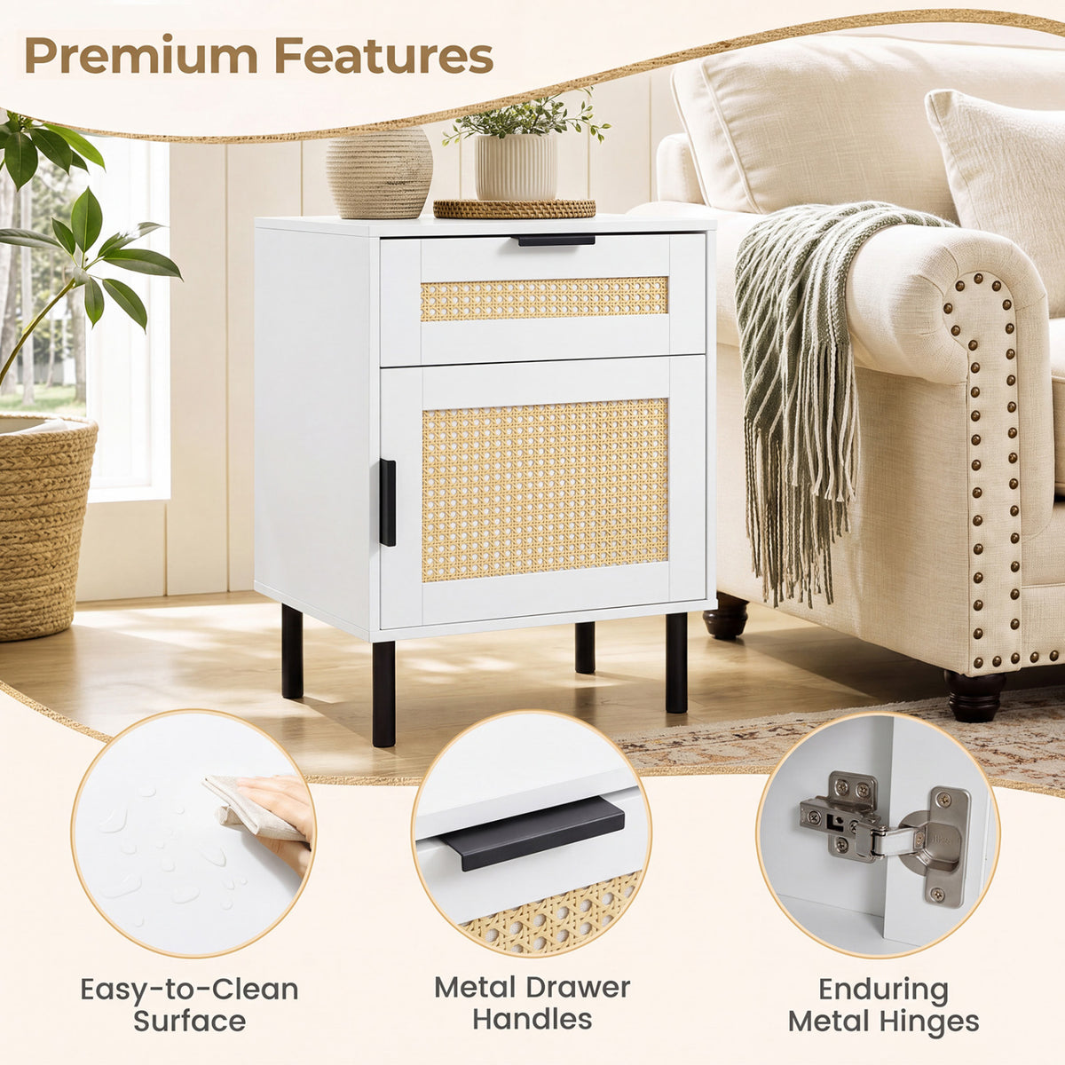 Rattan Nightstand Set of 2 with Drawer and Cabinet - White