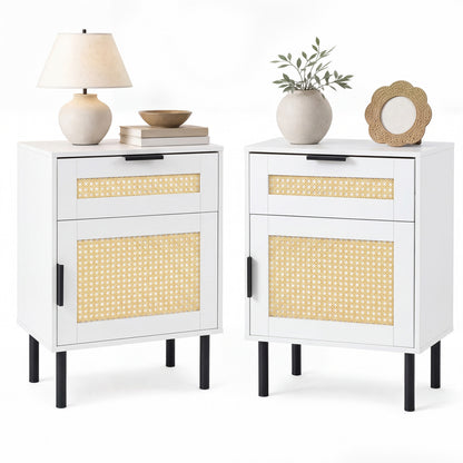Rattan Nightstand Set of 2 with Drawer and Cabinet - White