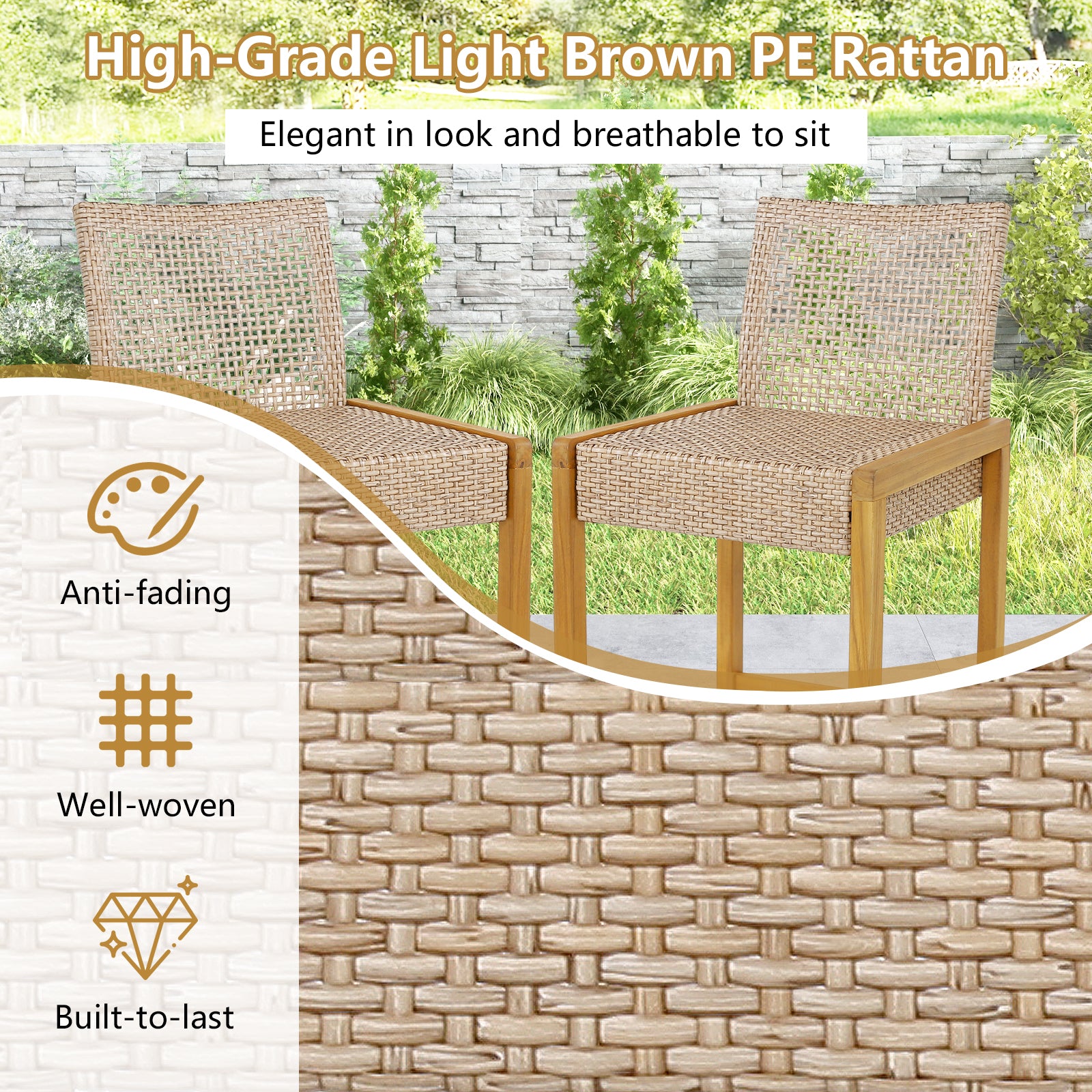 Set of 2 Rattan Patio Wood Barstools Dining Chairs with Backrest-Set of 2