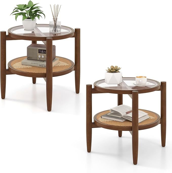 Round Rattan Side Table Set with Glass Top - Set of 2