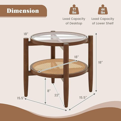Round Rattan Side Table Set with Glass Top - Set of 2