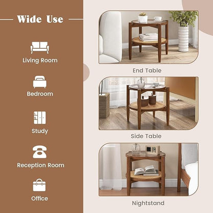 Round Rattan Side Table Set with Glass Top - Set of 2