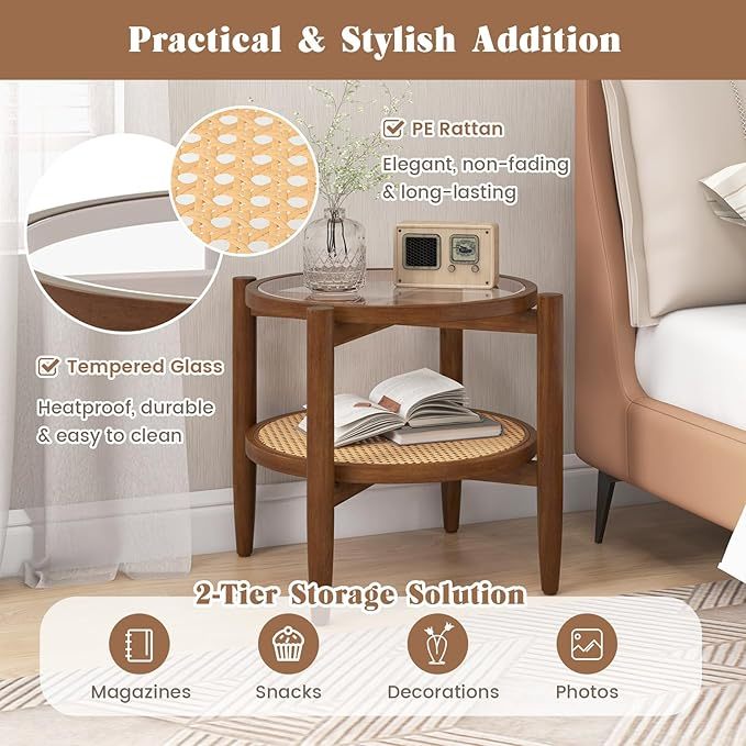 Round Rattan Side Table Set with Glass Top - Set of 2