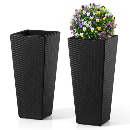 Set of 2 Rattan Tall Plant Pots with Detachable Plastic Liners-Black