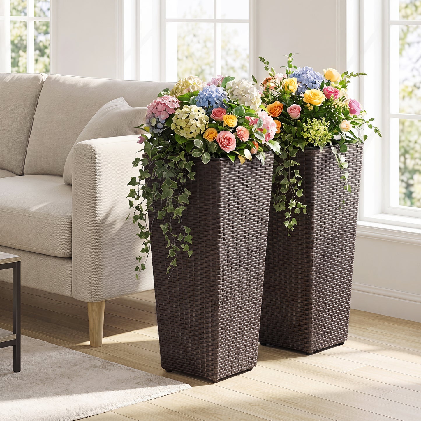 Tall Rattan Plant Pots with Liners - Set of 2