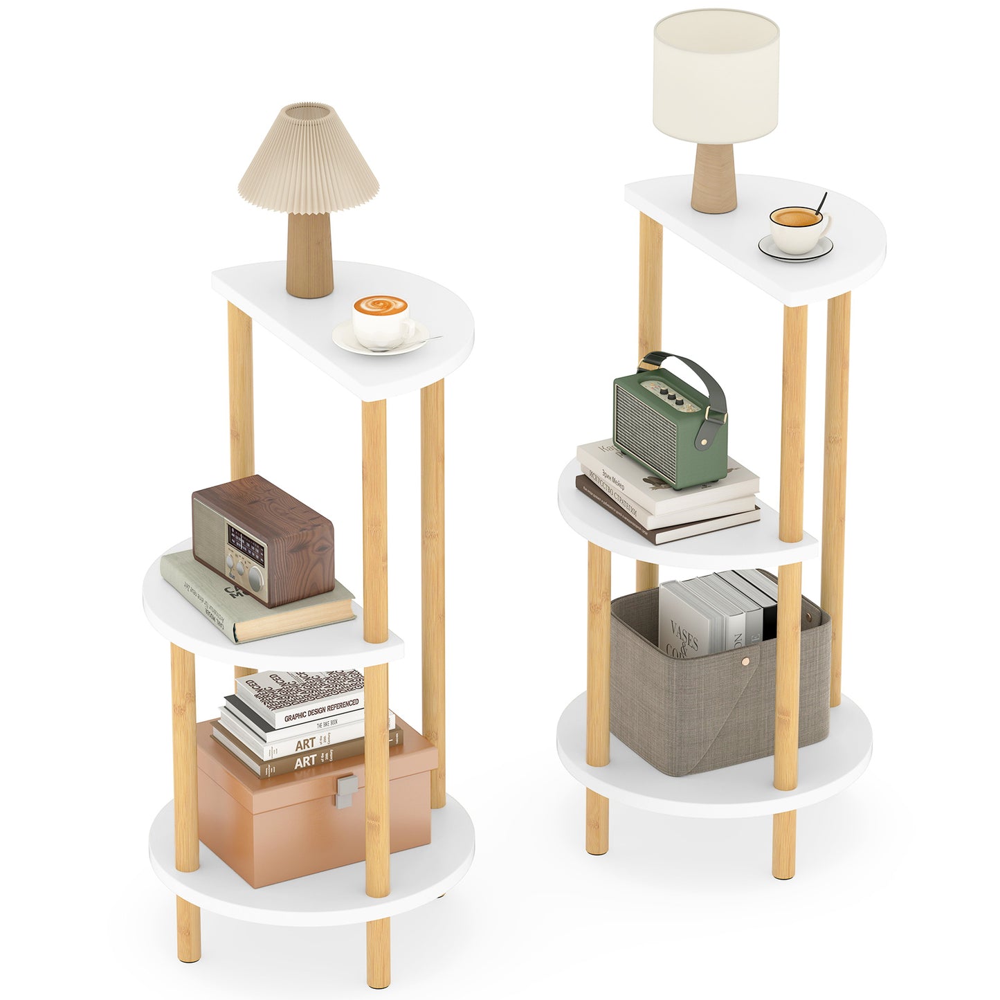 Set of 2 Round Side Table Compact with 3-Tier Shelves and Bamboo Construction-White