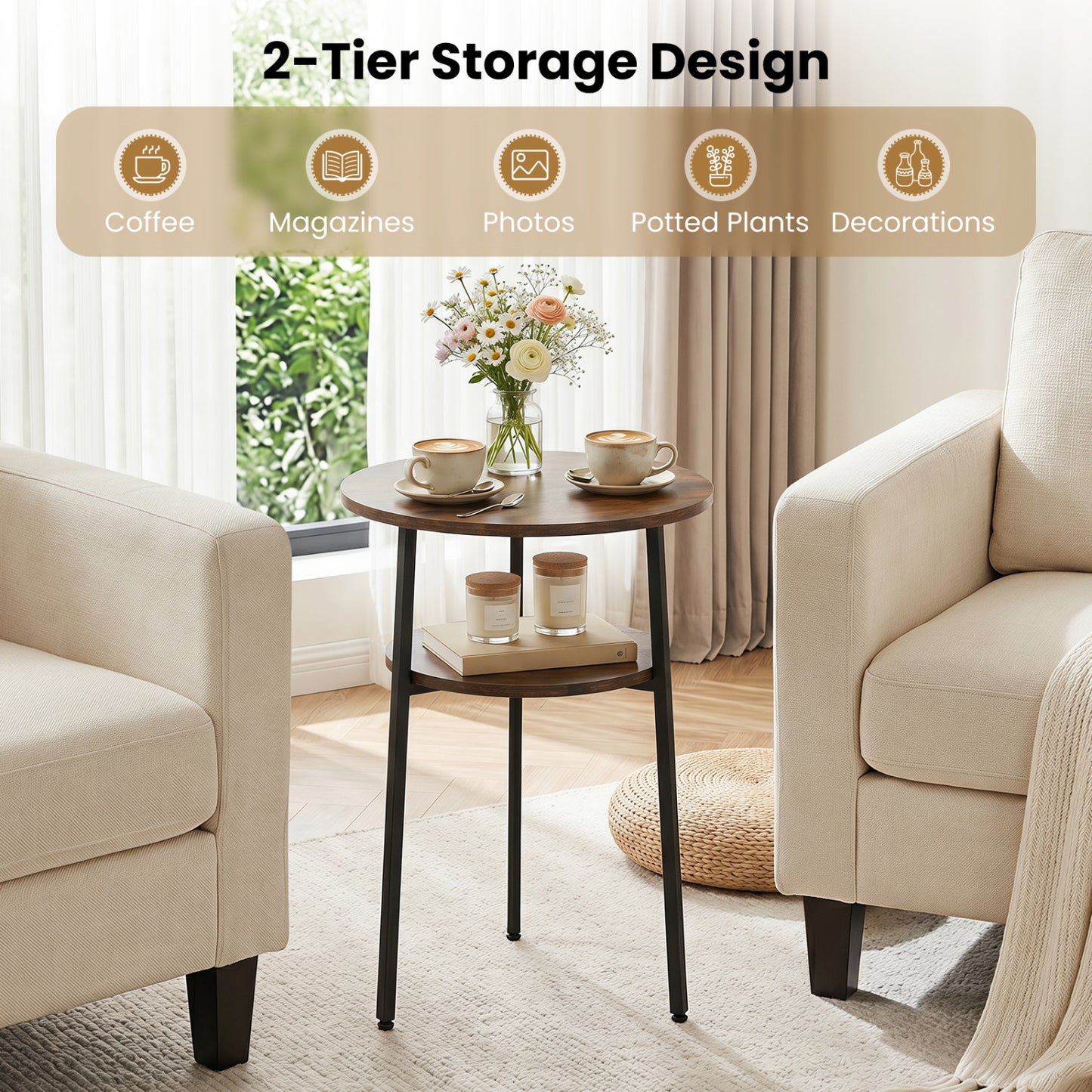 Round Side Table Set with Storage Shelf - Rustic Brown