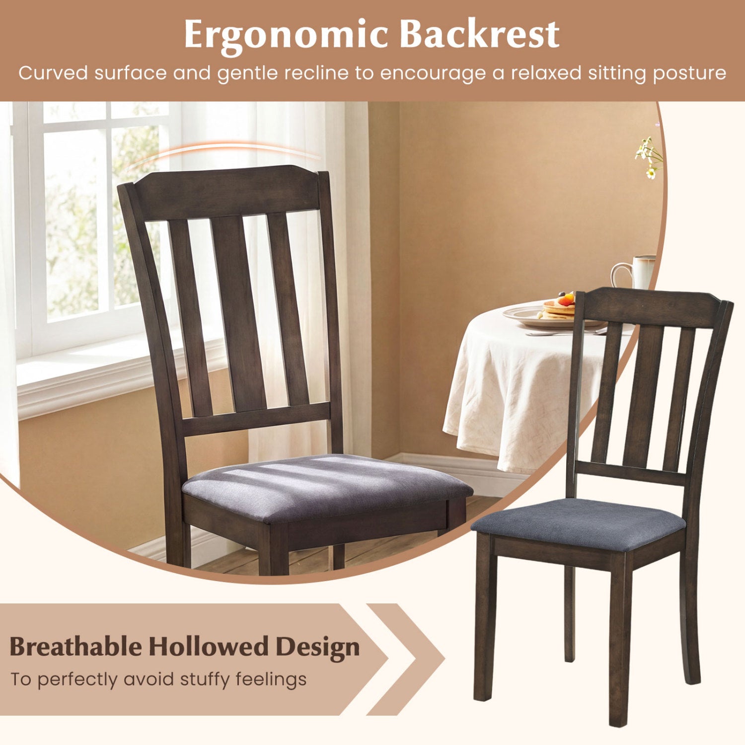 Set of 2 Rubber Wood Dining Room Chairs with Comfortable Backrest