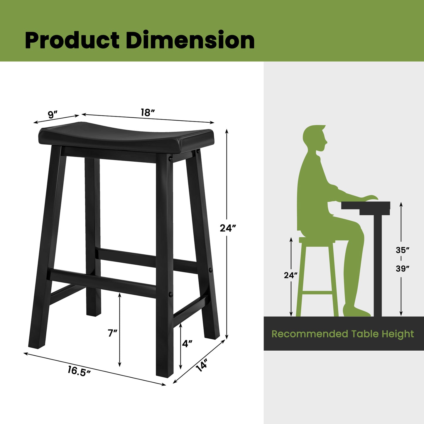 Set of 2 24 Inch Counter Height Stools with Solid Wood Legs-Black