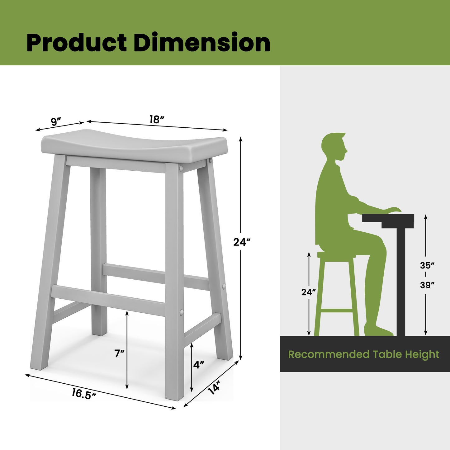Set of 2 24 Inch Counter Height Stools with Solid Wood Legs-Gray