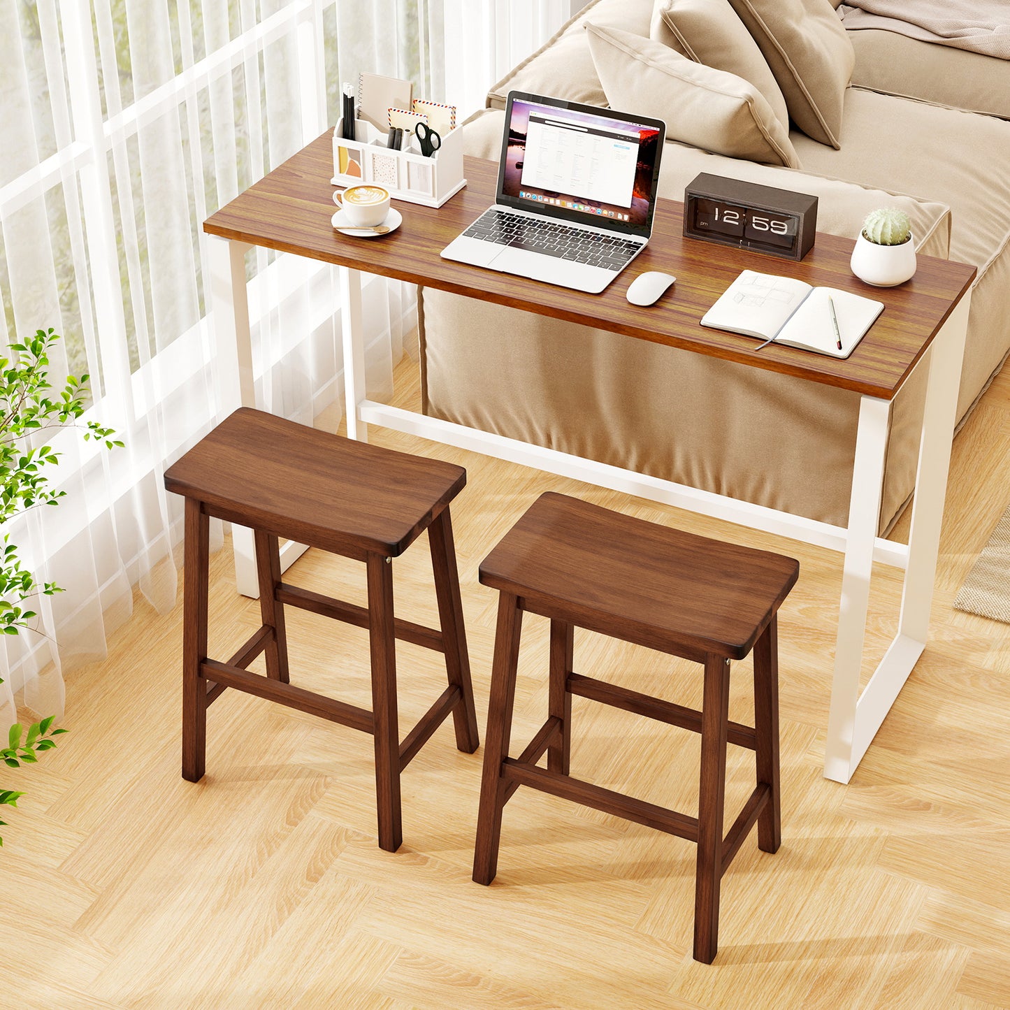 Set of 2 Saddle-Seat Counter Height Stools with Curved Seat and Footrests-Walnut