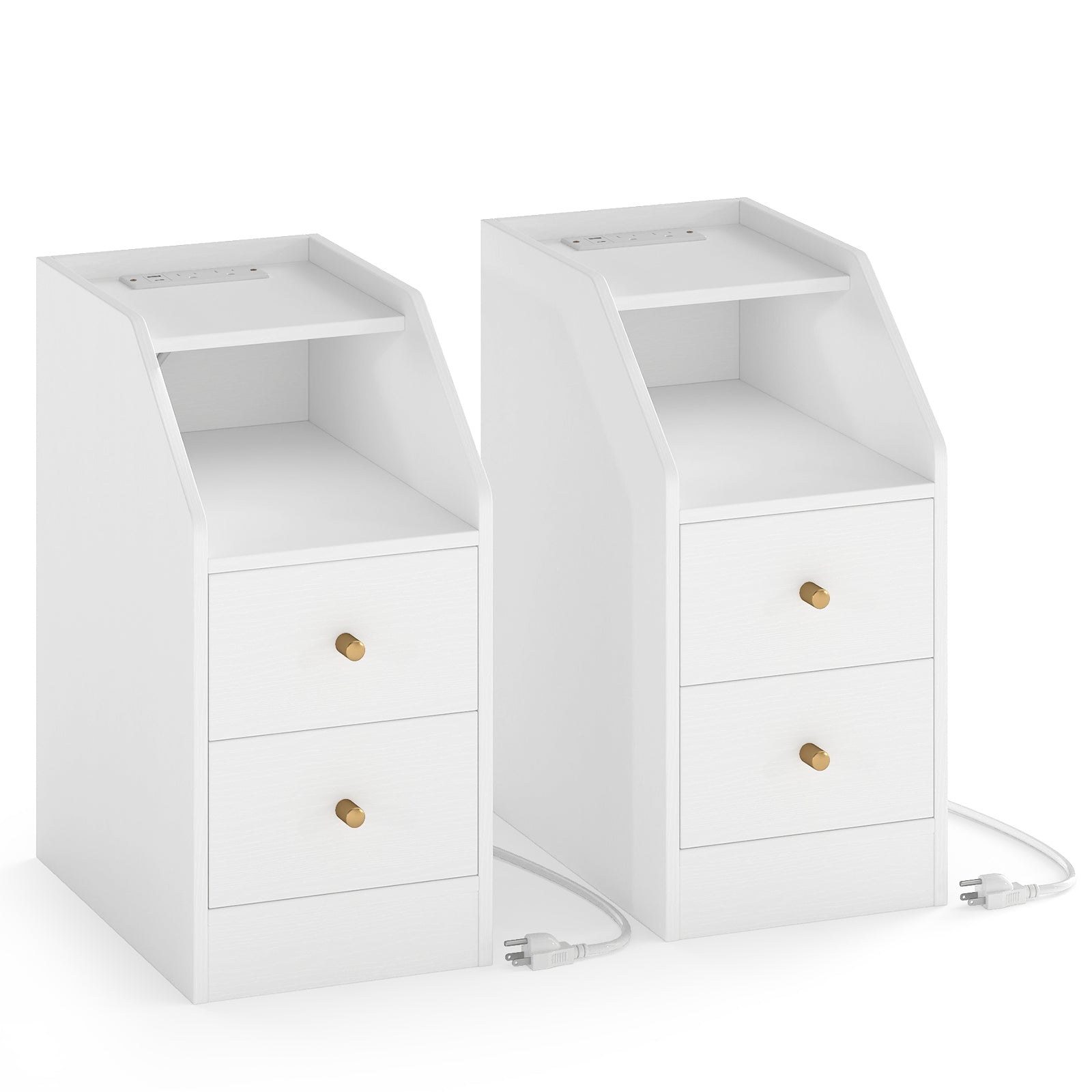 Set of 2 Side End Tables with Charging Station Sofa Couch Tables with Shelf Drawers-White