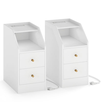 Set of 2 Side End Tables with Charging Station Sofa Couch Tables with Shelf Drawers-White