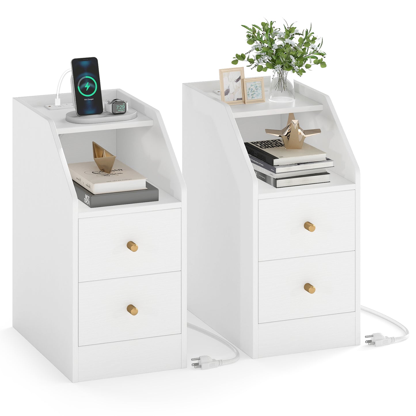 Set of 2 Side End Tables with Charging Station Sofa Couch Tables with Shelf Drawers-White