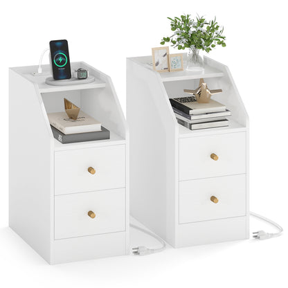 Set of 2 Side End Tables with Charging Station Sofa Couch Tables with Shelf Drawers-White