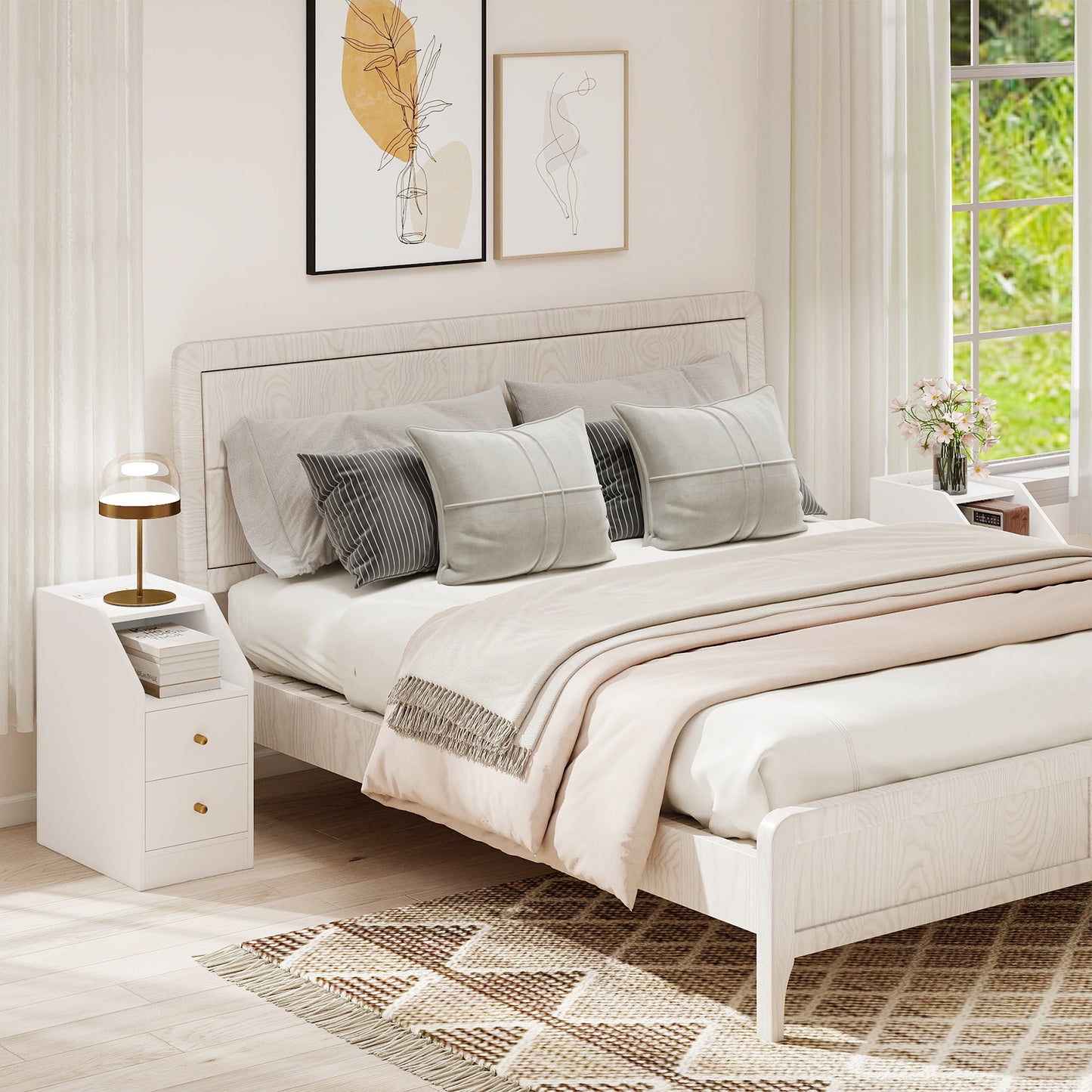 Set of 2 Side End Tables with Charging Station Sofa Couch Tables with Shelf Drawers-White