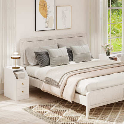Set of 2 Side End Tables with Charging Station Sofa Couch Tables with Shelf Drawers-White