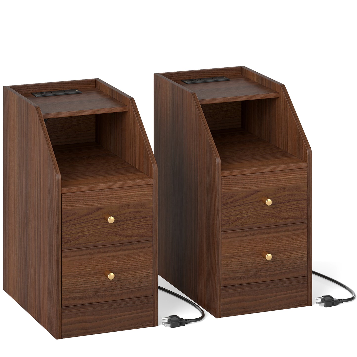 Set of 2 Side End Tables with Charging Station Sofa Couch Tables with Shelf Drawers-Walnut
