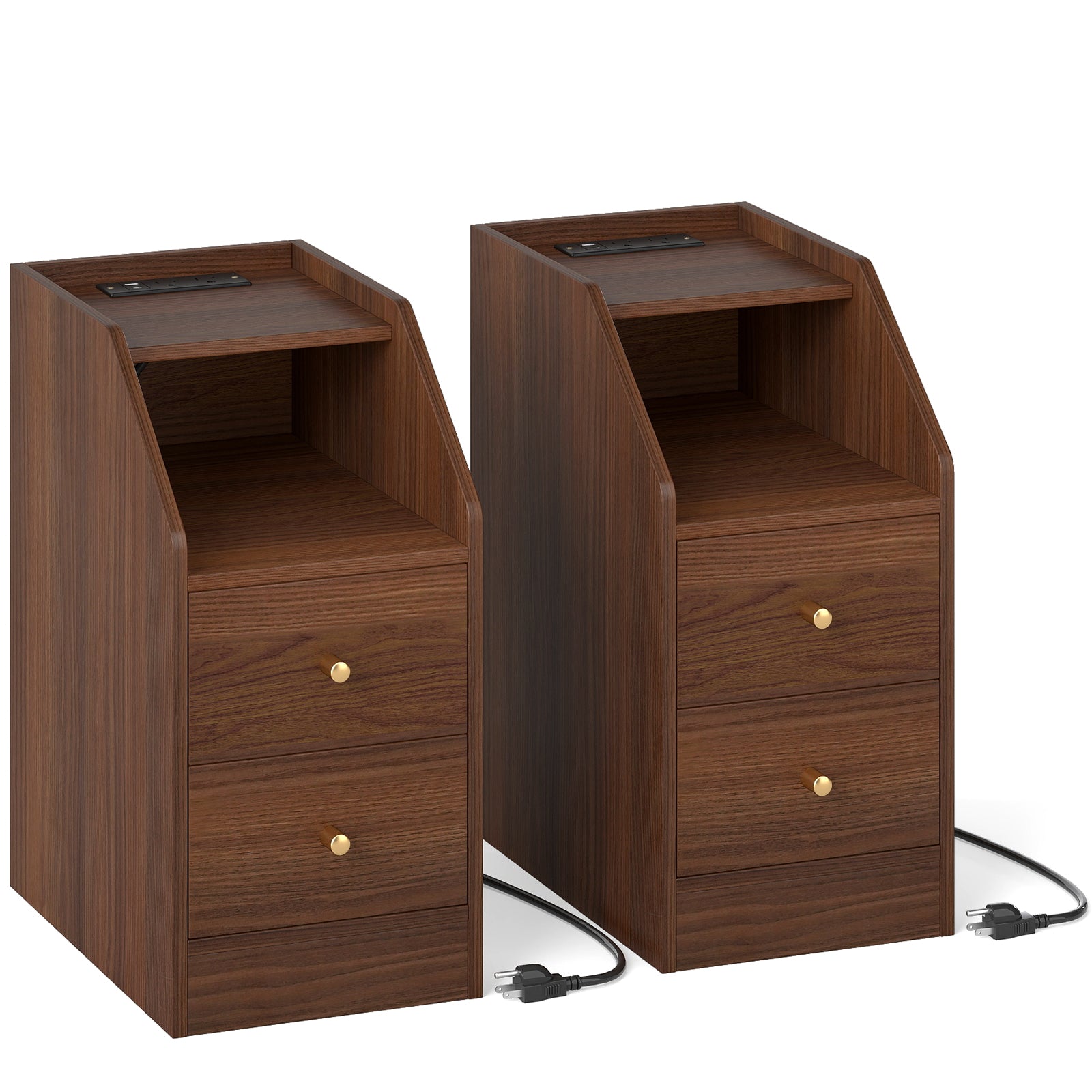 Set of 2 Side End Tables with Charging Station Sofa Couch Tables with Shelf Drawers-Walnut