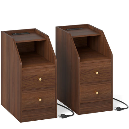 Set of 2 Side End Tables with Charging Station Sofa Couch Tables with Shelf Drawers-Walnut