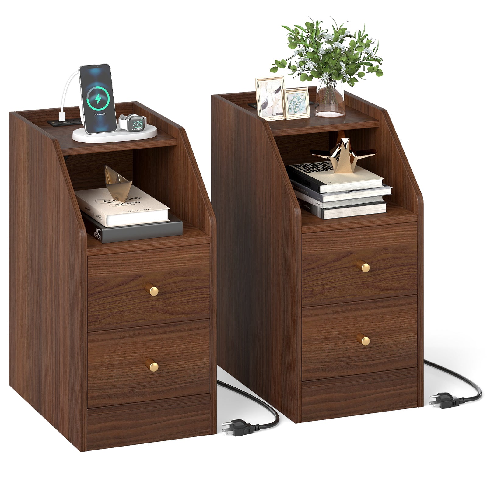Set of 2 Side End Tables with Charging Station Sofa Couch Tables with Shelf Drawers-Walnut