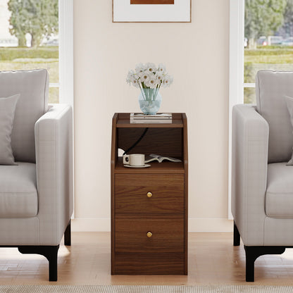 Set of 2 Side End Tables with Charging Station Sofa Couch Tables with Shelf Drawers-Walnut