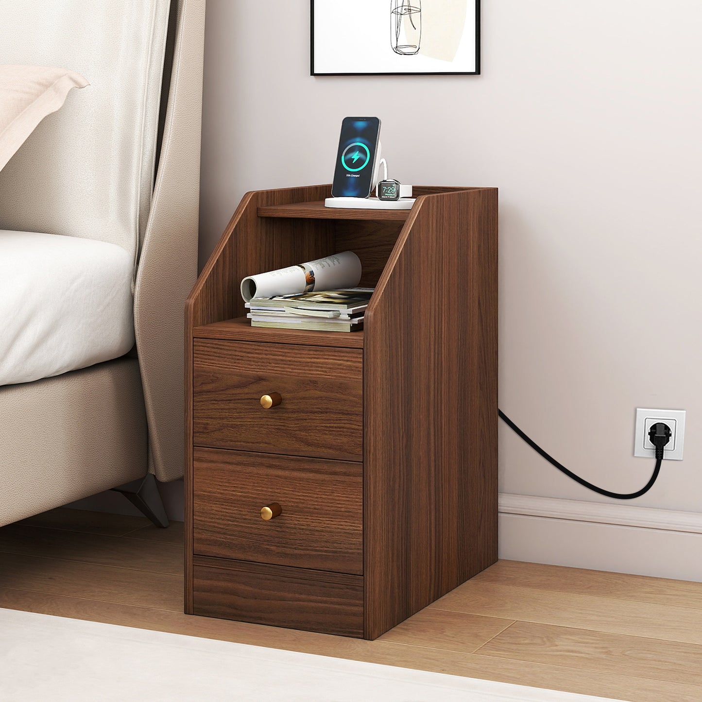 Set of 2 Side End Tables with Charging Station Sofa Couch Tables with Shelf Drawers-Walnut