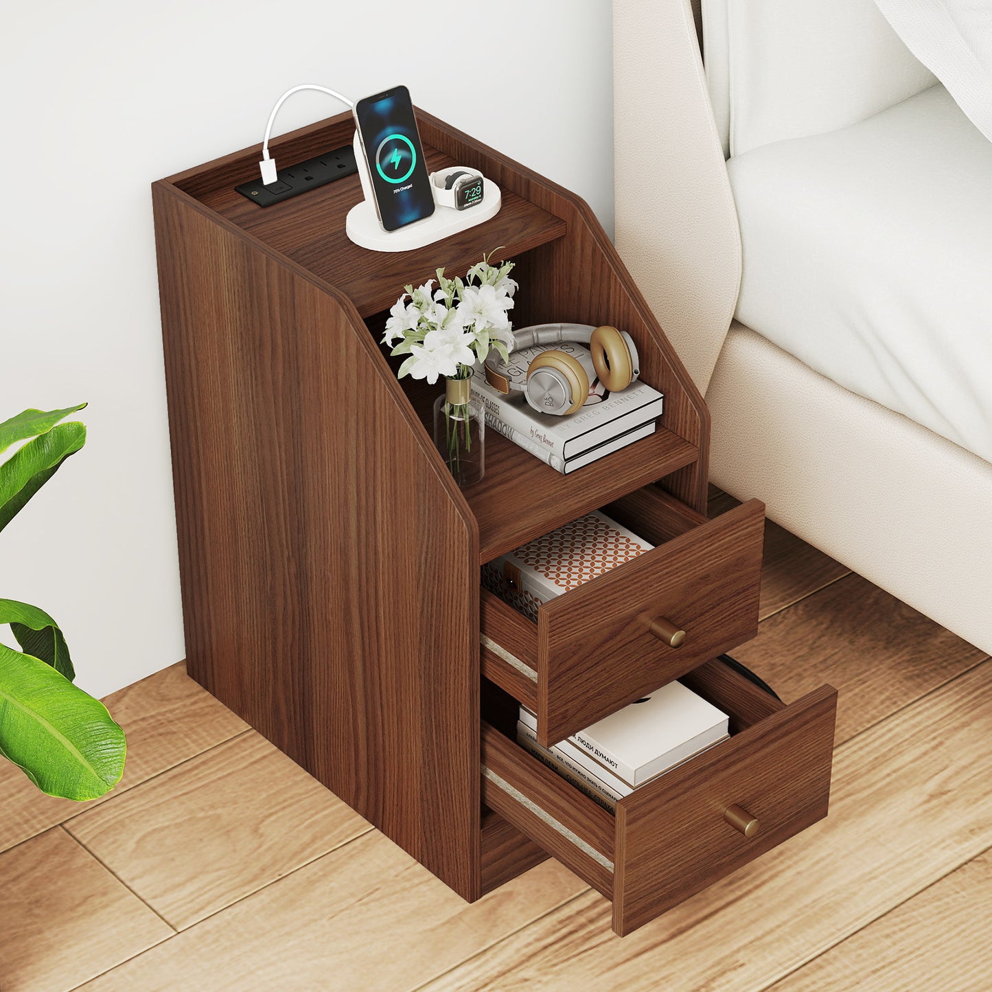 Set of 2 Side End Tables with Charging Station Sofa Couch Tables with Shelf Drawers-Walnut