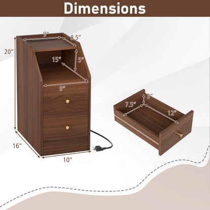 Set of 2 Side End Tables with Charging Station Sofa Couch Tables with Shelf Drawers-Walnut