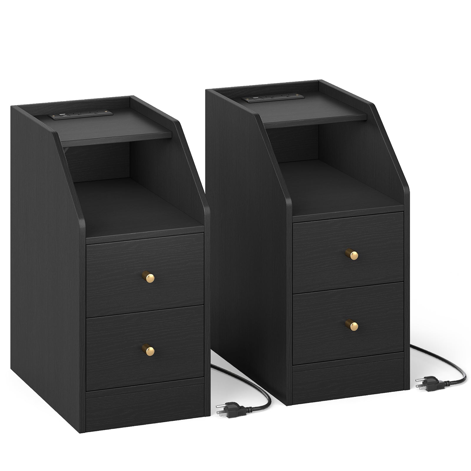 Set of 2 Side End Tables with Charging Station Sofa Couch Tables with Shelf Drawers-Black