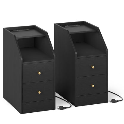 Set of 2 Side End Tables with Charging Station Sofa Couch Tables with Shelf Drawers-Black