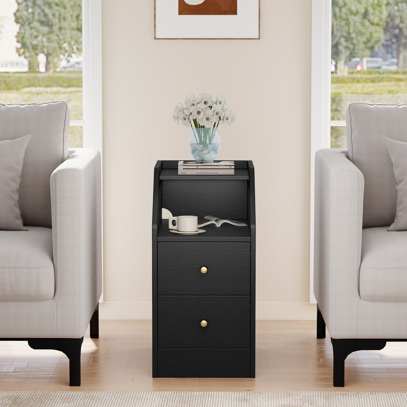 Set of 2 Side End Tables with Charging Station Sofa Couch Tables with Shelf Drawers-Black