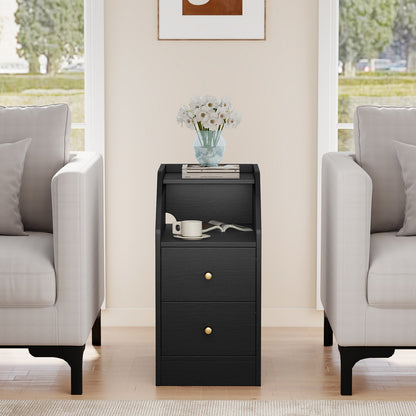 Set of 2 Side End Tables with Charging Station Sofa Couch Tables with Shelf Drawers-Black