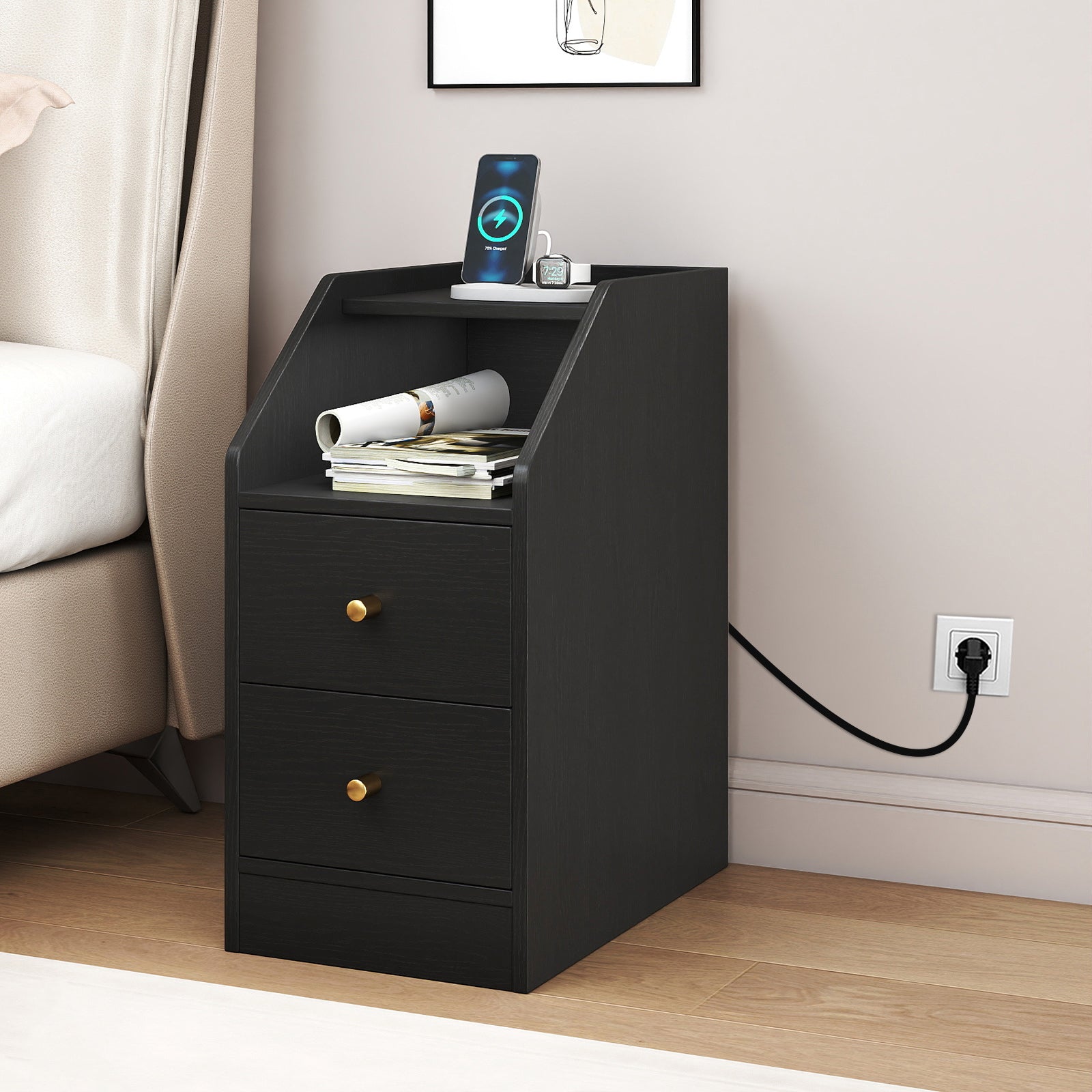 Set of 2 Side End Tables with Charging Station Sofa Couch Tables with Shelf Drawers-Black