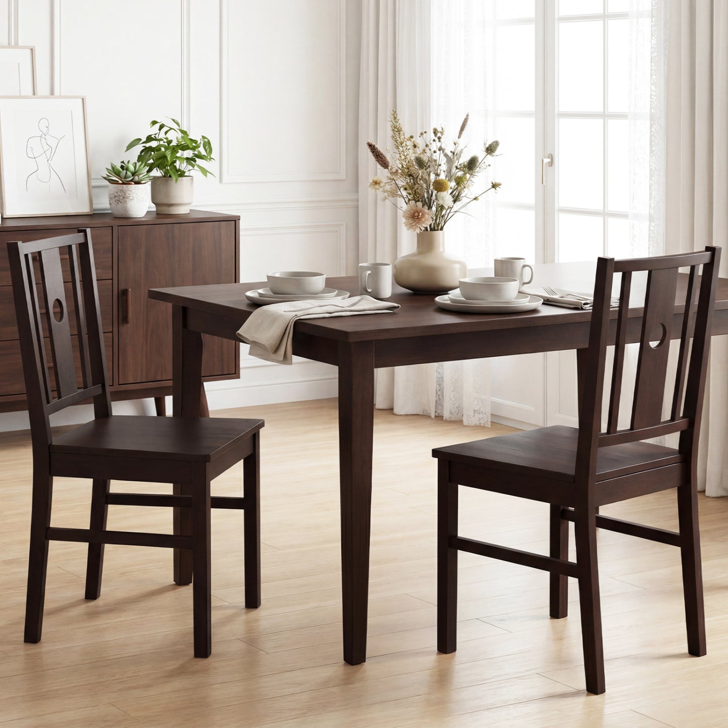 Solid Rubber Wood Dining Chairs Set of 2 with Slatted Back