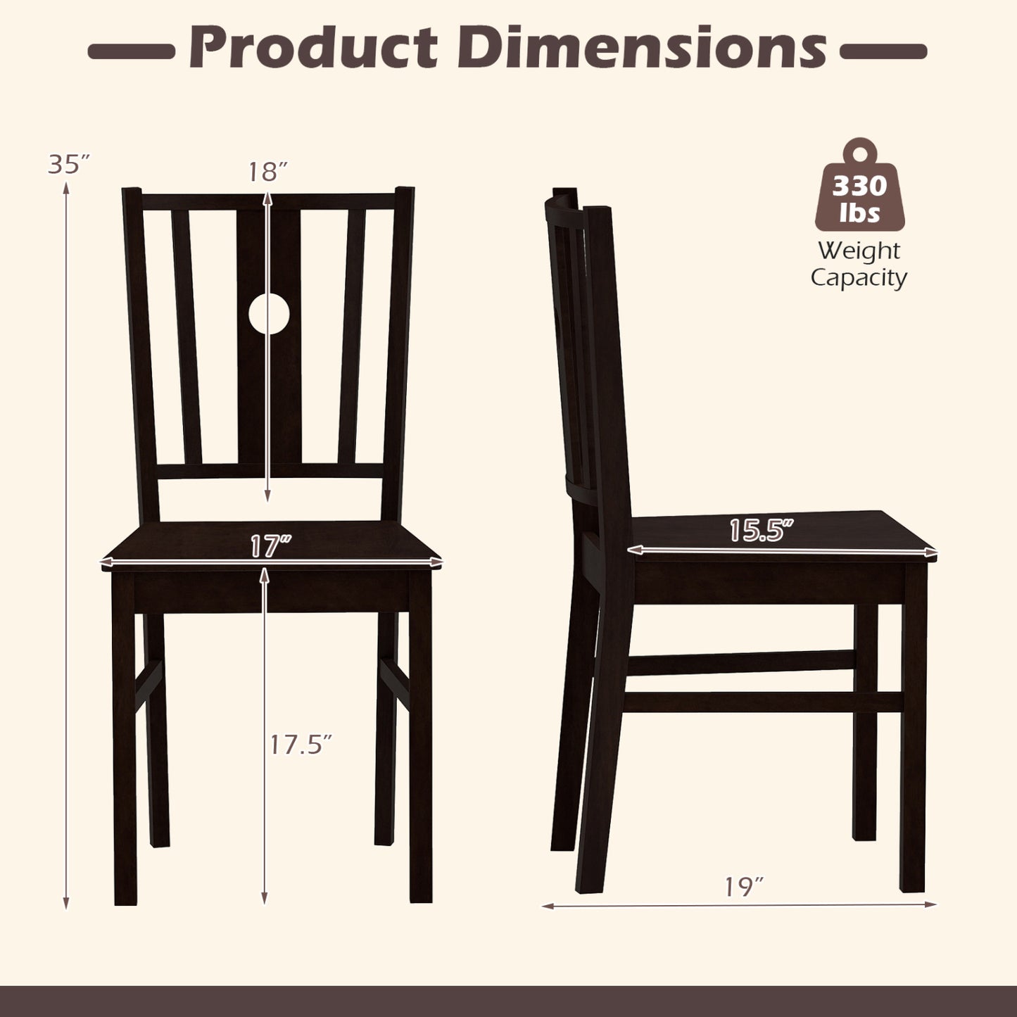 Solid Rubber Wood Dining Chairs Set of 2 with Slatted Back