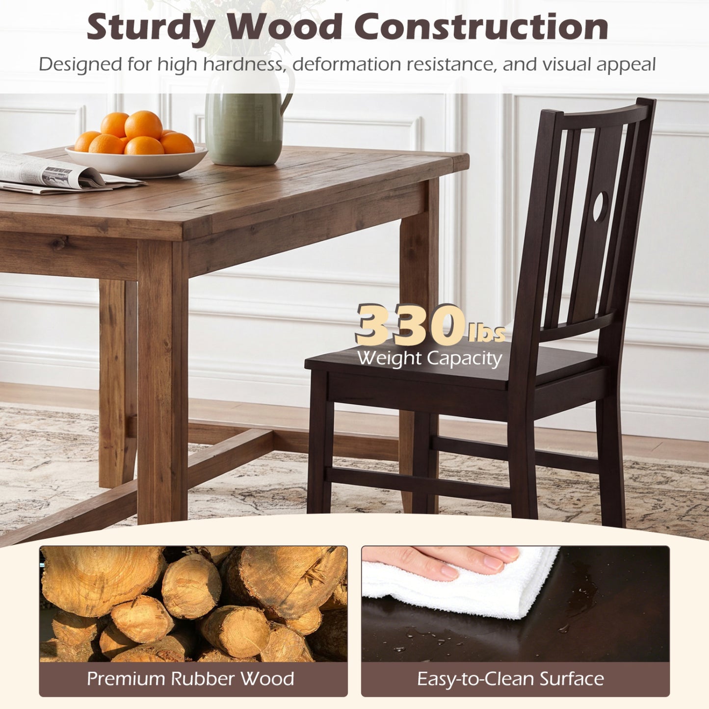Solid Rubber Wood Dining Chairs Set of 2 with Slatted Back