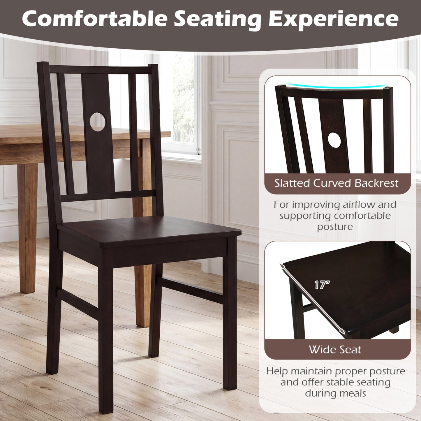 Solid Rubber Wood Dining Chairs Set of 2 with Slatted Back