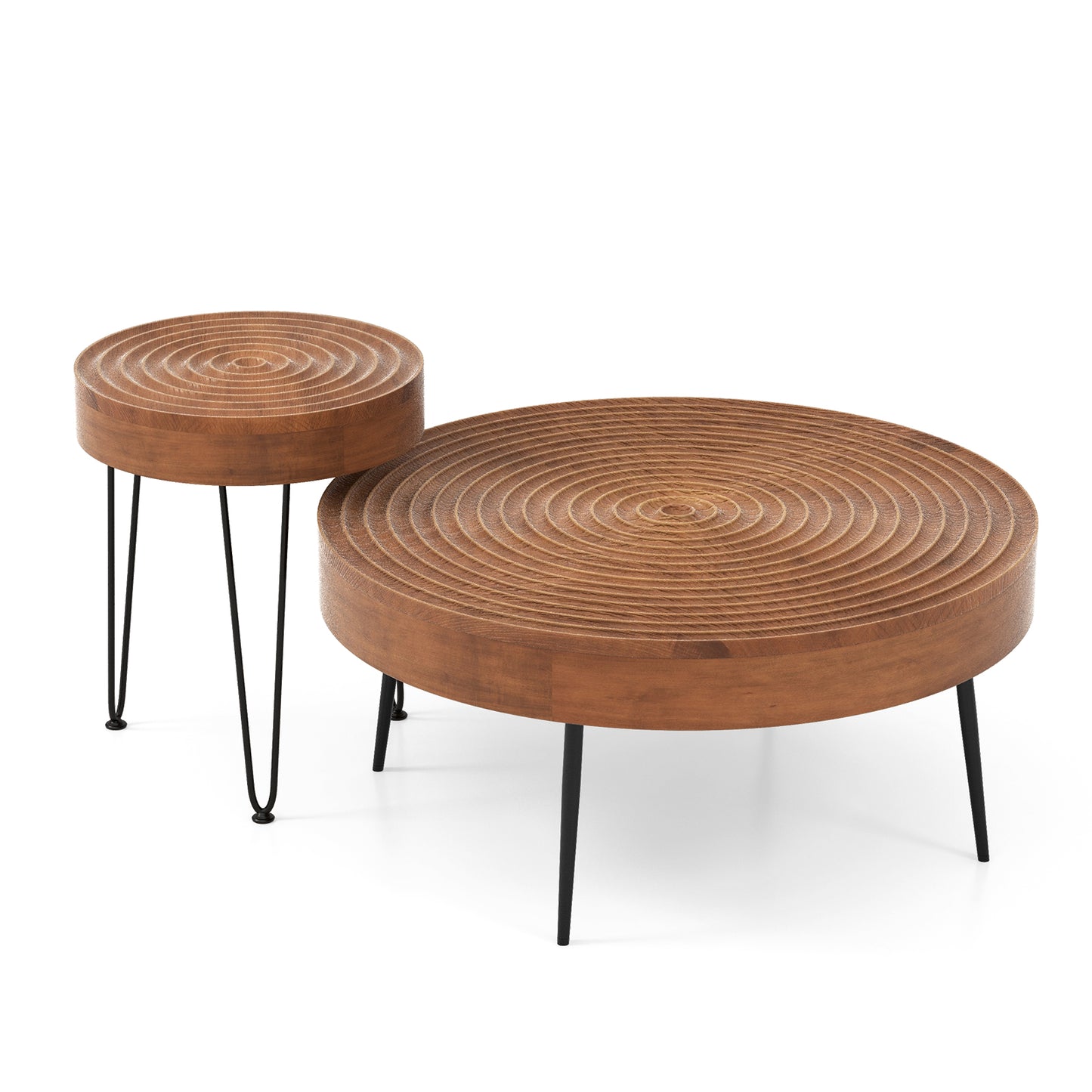 Set of 2 Solid Wood Ring Pattern Farmhouse Round Coffee Tables-Brown - Brown