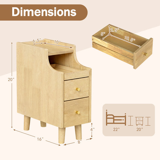 Set of 2 Solid Wood Night Side Table with Pull-out Tray and 2 Storage Drawers