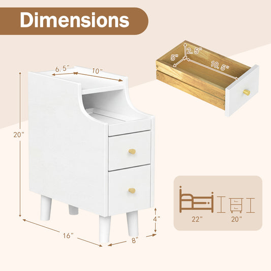 Set of 2 Solid Wood Night Side Table with Pull-out Tray and 2 Storage Drawers