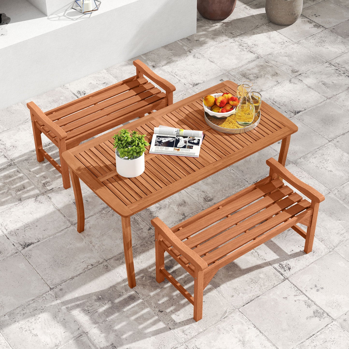 Solid Wood Backless Garden Bench Set with Support Handles