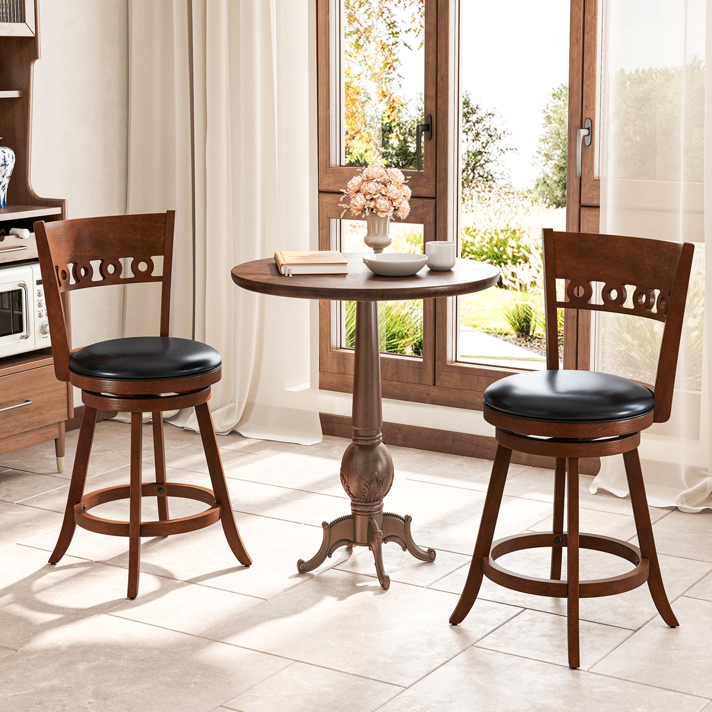 Set of 2 Swivel Bar Stools with Rubber Wood Frame