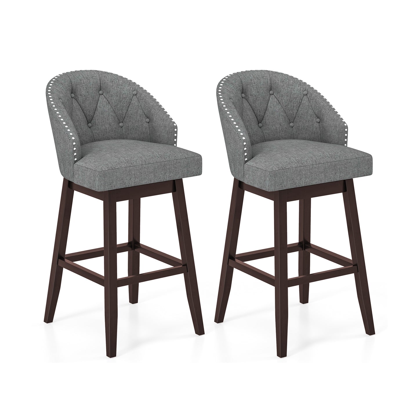 Set of 2 Swivel Bar Stools with Rubber Wood Legs and Padded Back-Beige - Gray