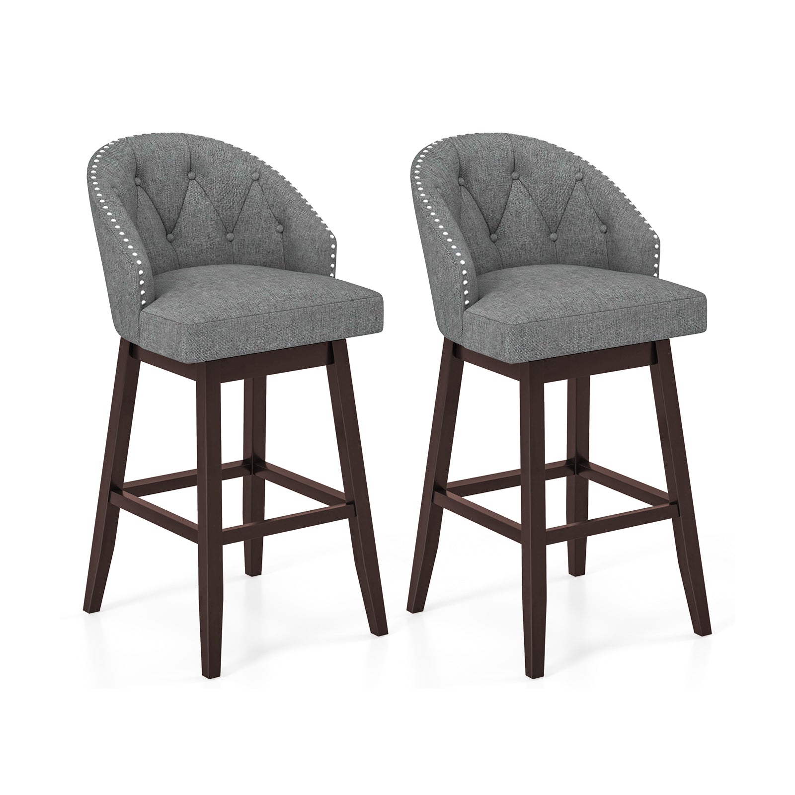 Set of 2 Swivel Bar Stools with Rubber Wood Legs and Padded Back-Beige - Gray