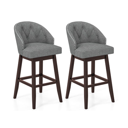 Set of 2 Swivel Bar Stools with Rubber Wood Legs and Padded Back-Beige - Gray