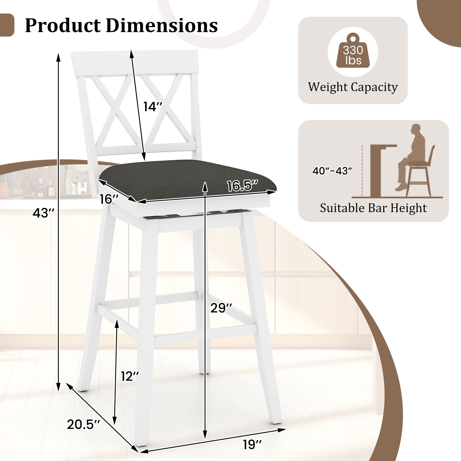 Set of 2 Swivel Bar Stools Counter Height Barstools with Backrest Upholstered Seat Cushion-29 Inches